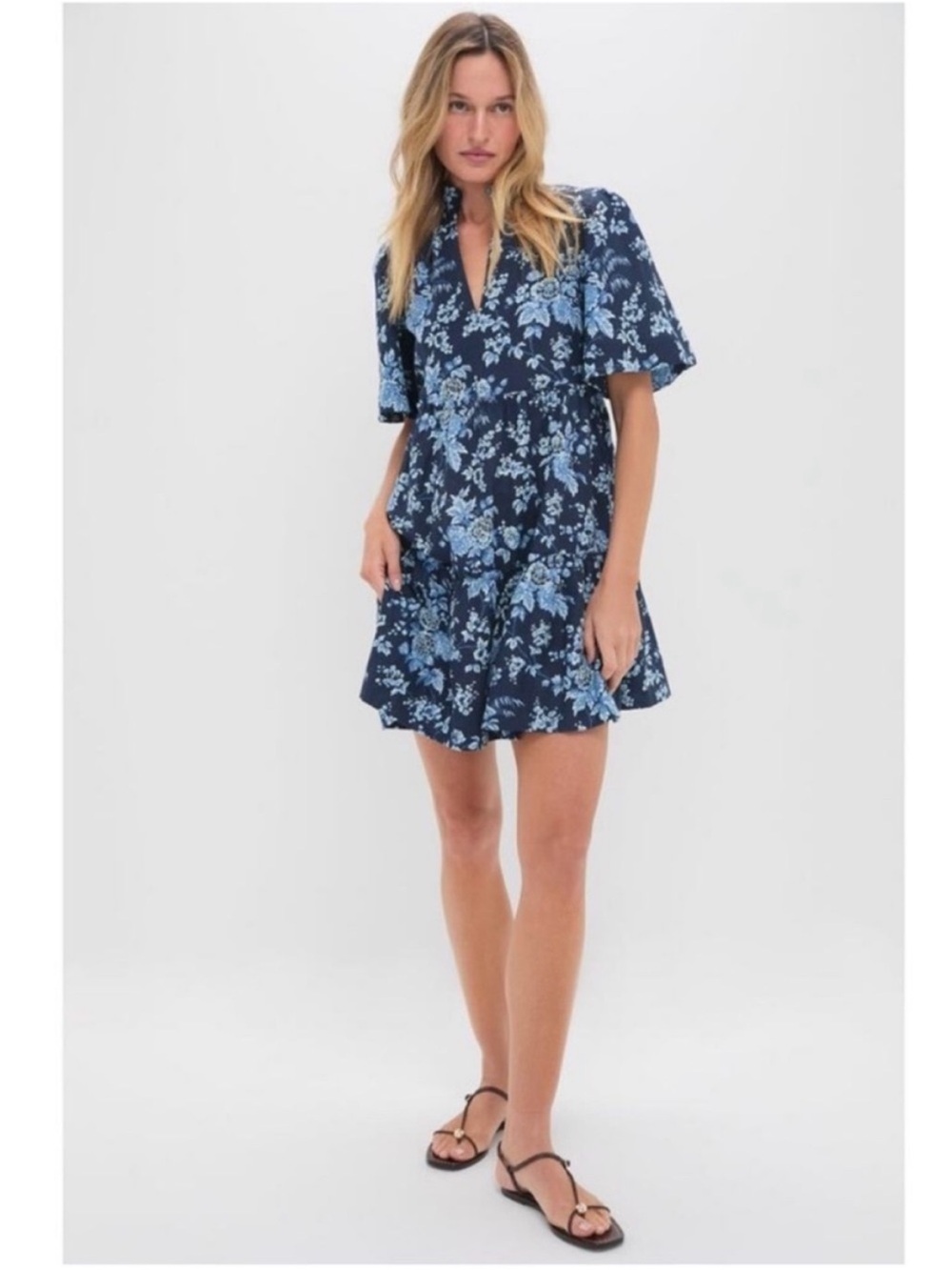 TUCKERNUCK Twilight Garden Crawford Dress Blue Floral Tiered Mini Linen Blend - Picture 1 of 9